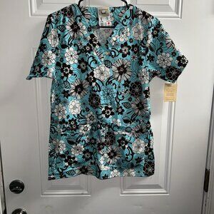 Cottonality Scrub Top Womens Small Brown Blue Floral Pattern NWT